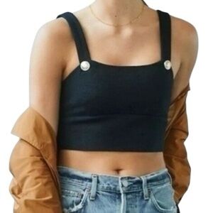 Anthropologie Maeve Textured Black Crop Top Smocked Back Gold Buttons Size 4